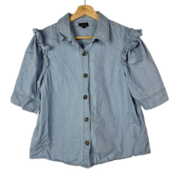 Who What Wear Blue Chambray Ruffle Button Down Short Sleeve M - Picture 1 of 4